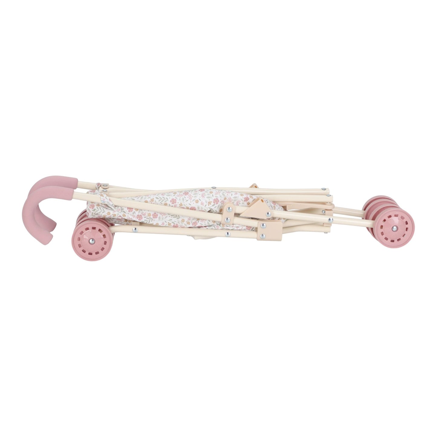 Foldable Metal Doll Pram with floral pattern and pink handle and wheels on a white background