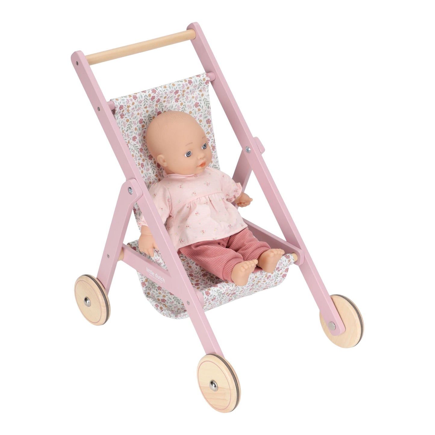 Pink doll stroller with a baby doll on a white background