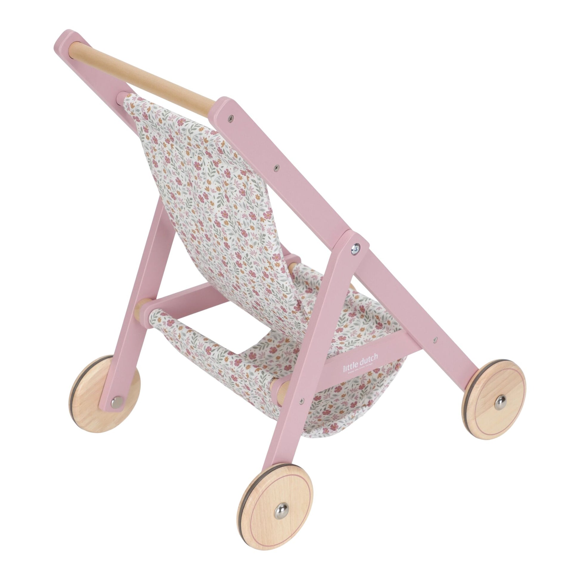 Wooden pink doll stroller with floral pattern on a white background
