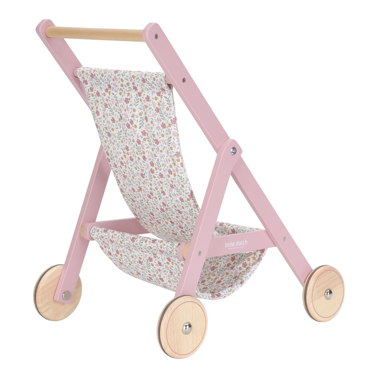 Pink wooden doll stroller with floral seat on a white background