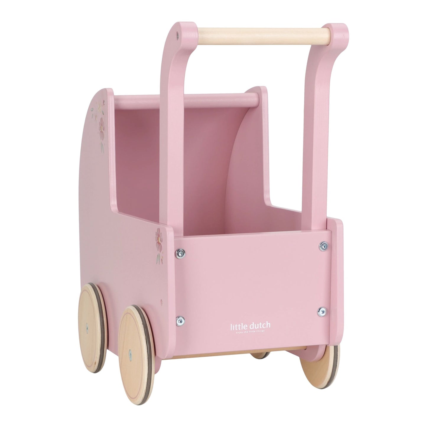 Pink doll stroller with wooden wheels and handle on a white background, branded 'Little Dutch'.