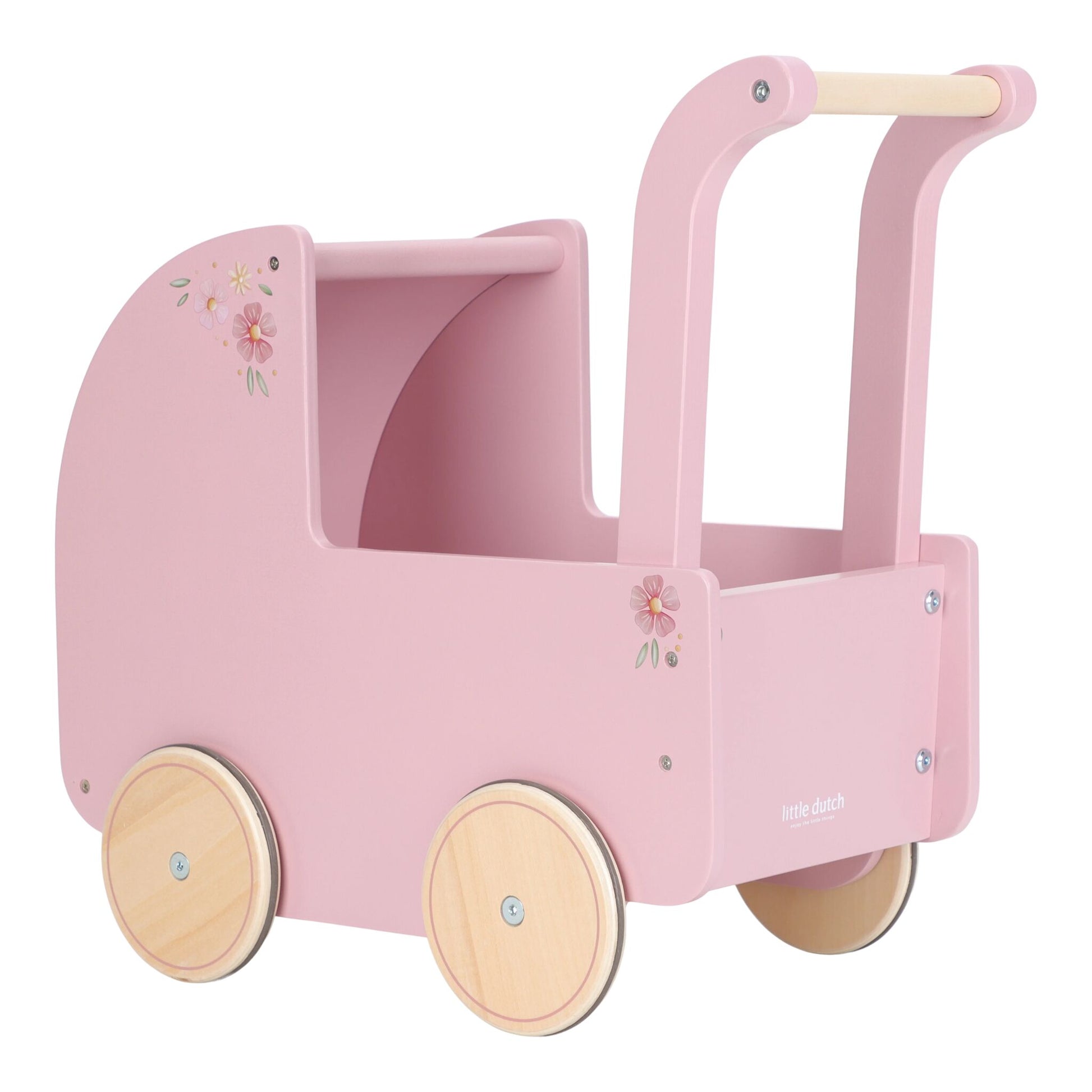 Pink doll stroller with wooden wheels and handle on a white background