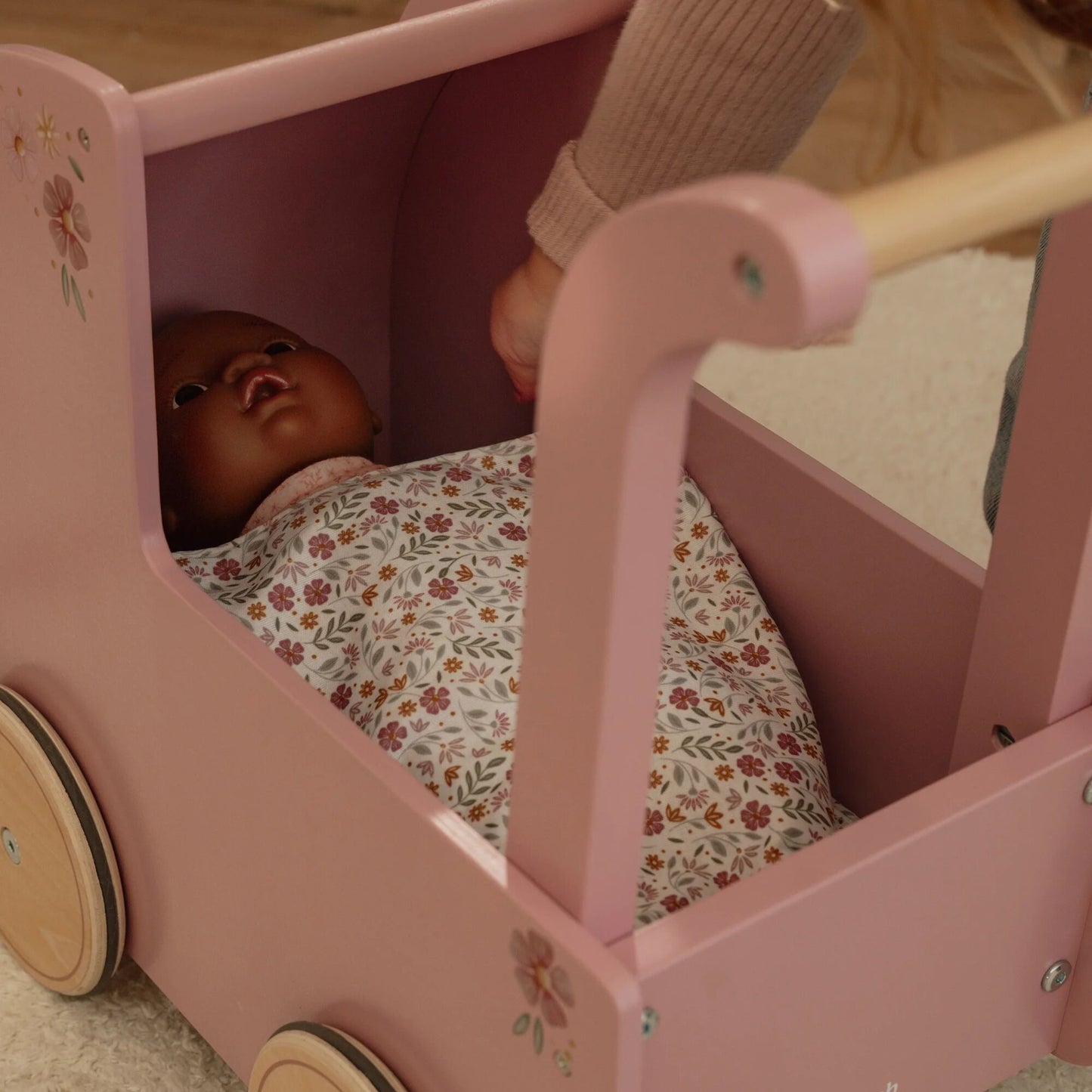 Wooden Doll Pram with Textiles - Pink