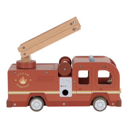 Wooden toy fire truck with a crane on a white background