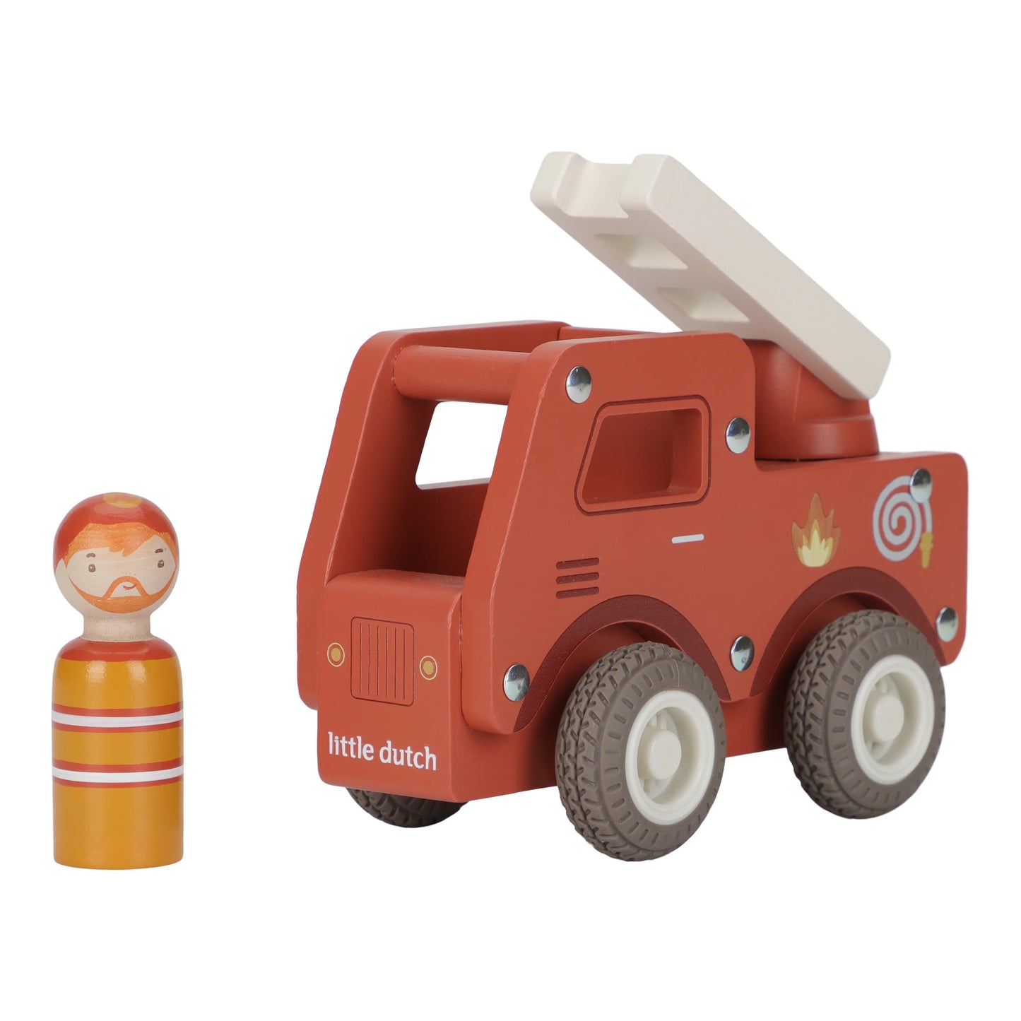 Red toy truck with a white roof and 'Little Dutch' branding, accompanied by a small wooden doll on a white background