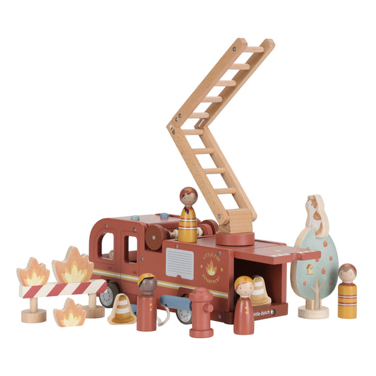 Wooden toy fire truck with dolls and wooden fire accessories