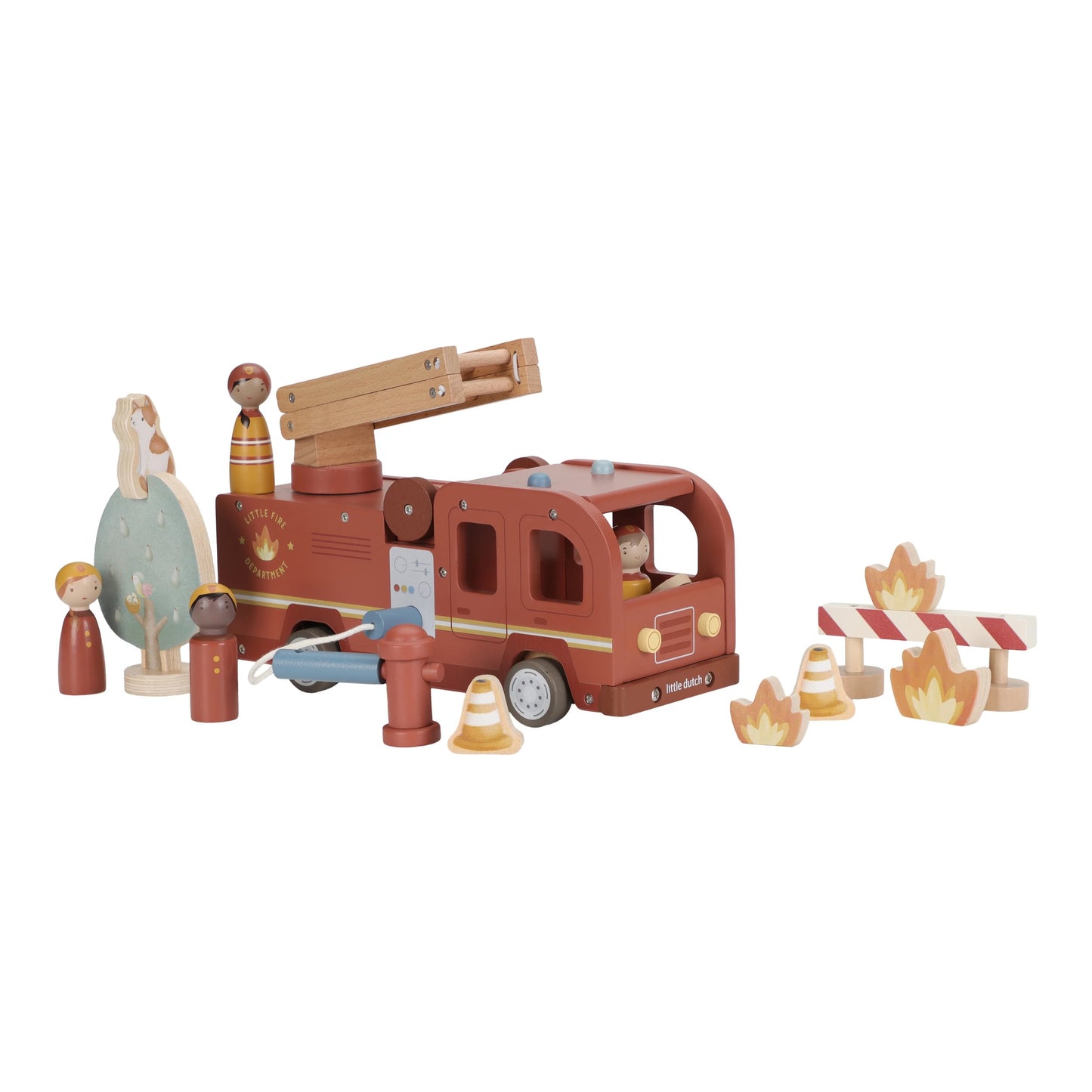 Wooden toy fire truck with accessories on a white background