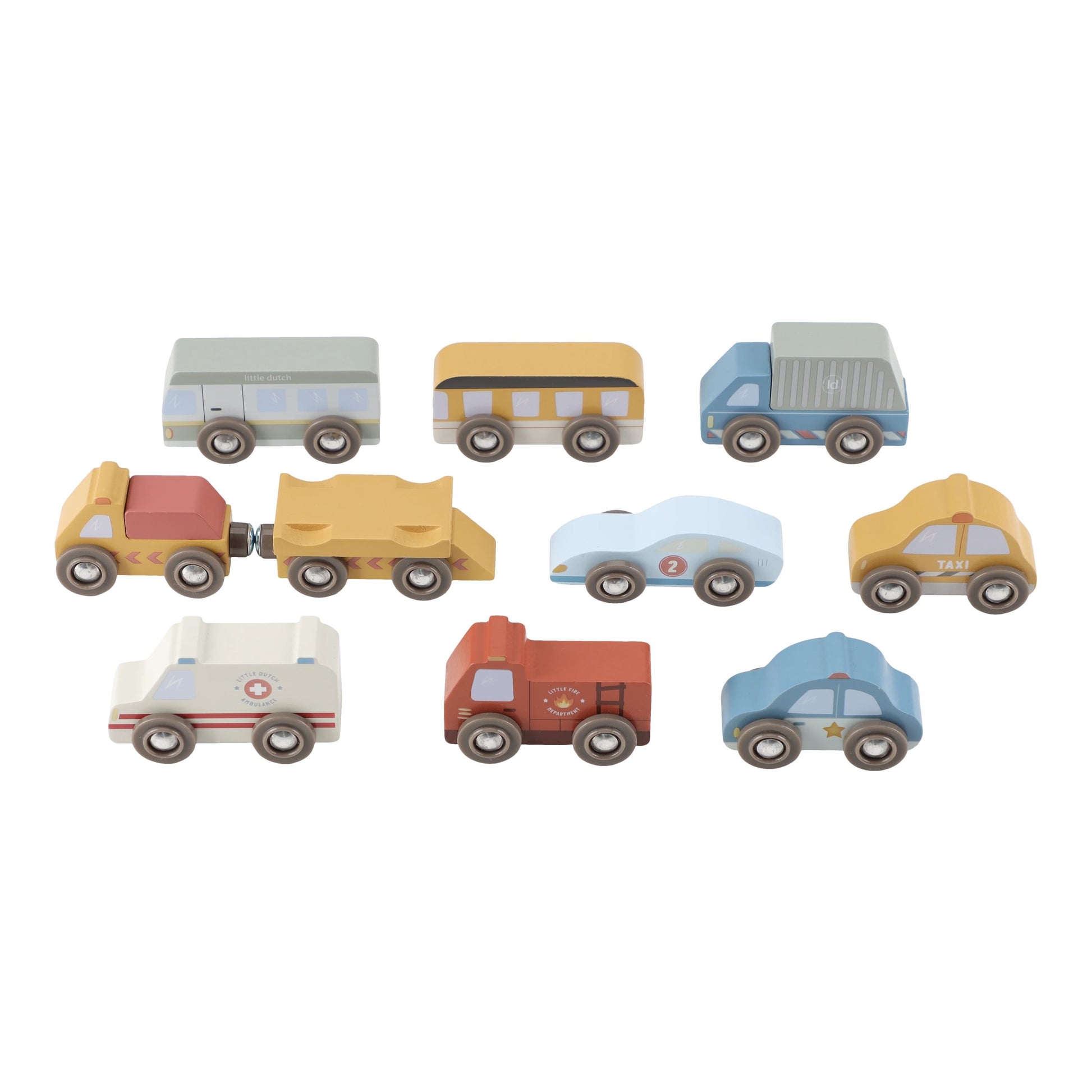 Set of colorful wooden toy vehicles on a white background