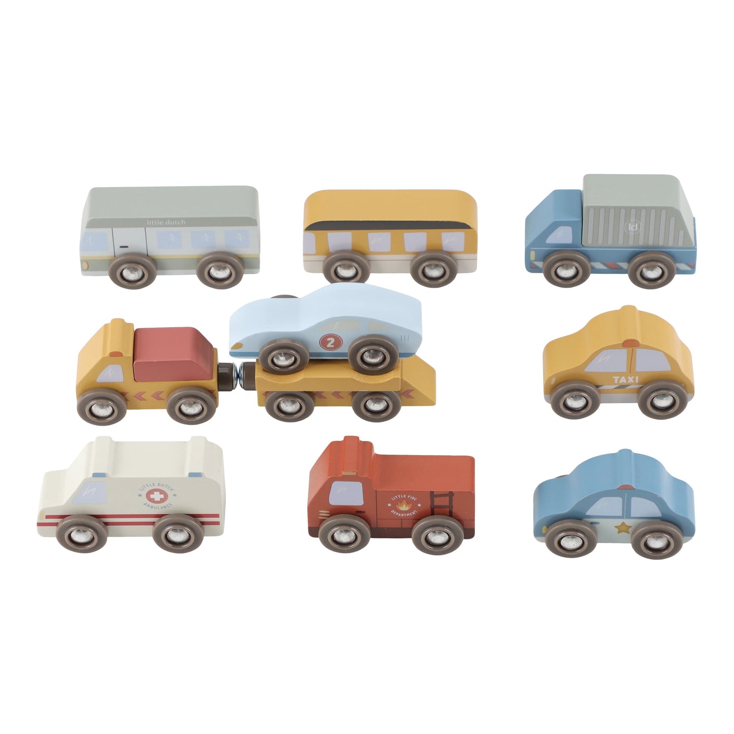 Set of wooden toy vehicles including a bus, truck, taxi, and others on a white background