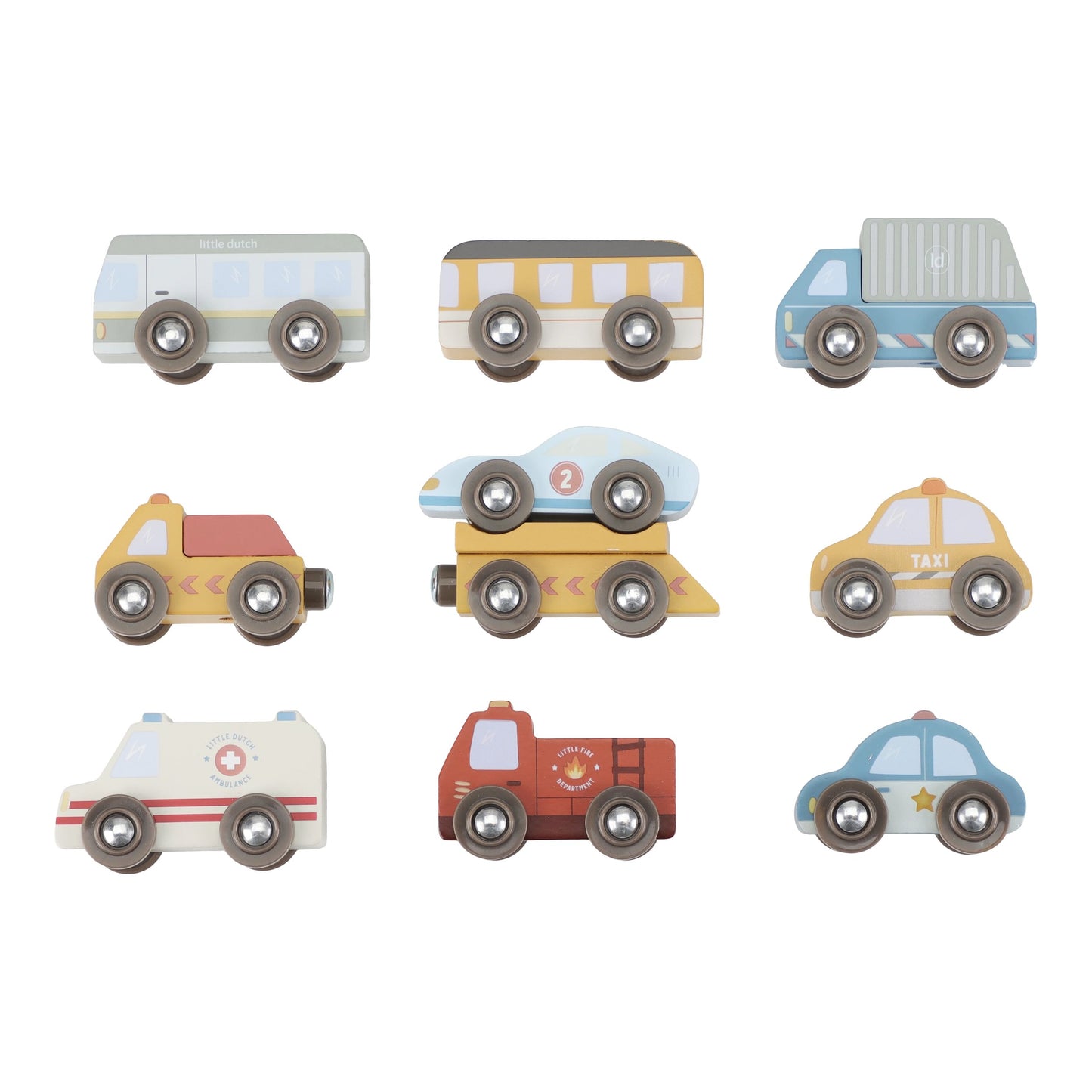 Set of toy vehicles including a bus, truck, taxi, ambulance, and car on a white background
