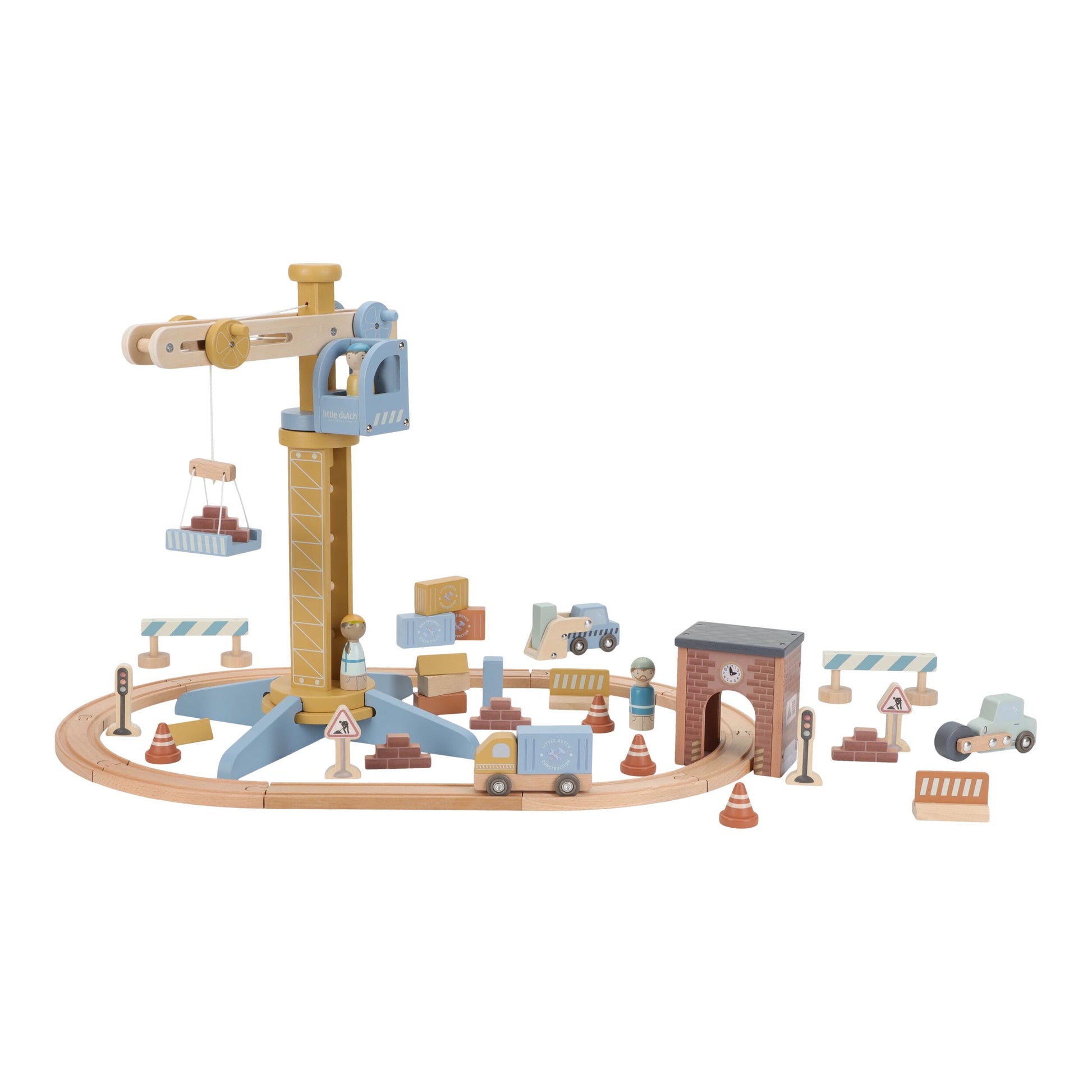 Wooden toy construction set with crane and various pieces on a white background