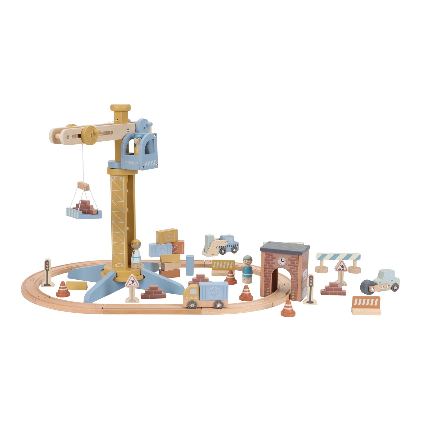 Wooden toy set with crane, tracks, and various pieces of train track on a white background