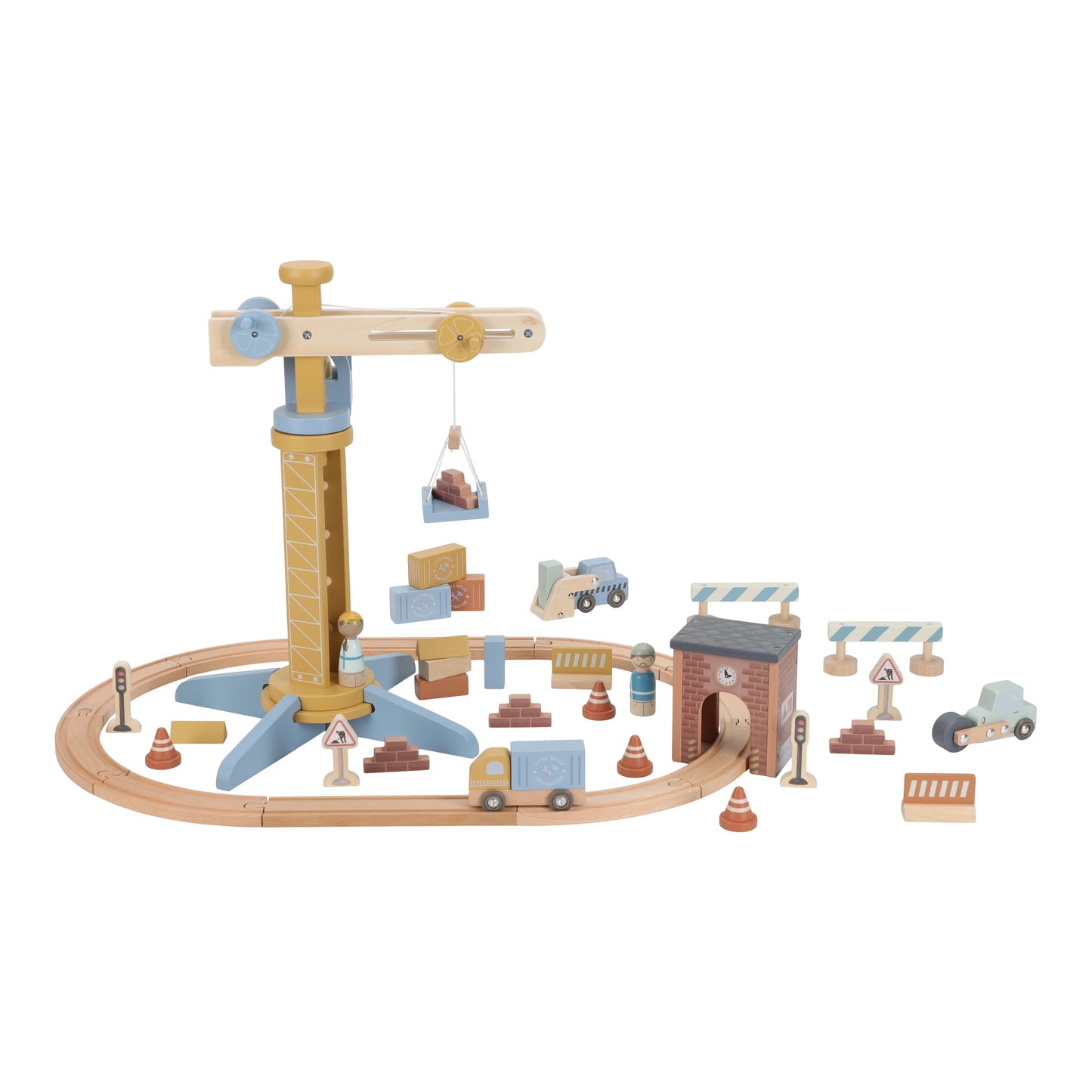 Wooden toy crane set with tracks and small vehicles on a white background