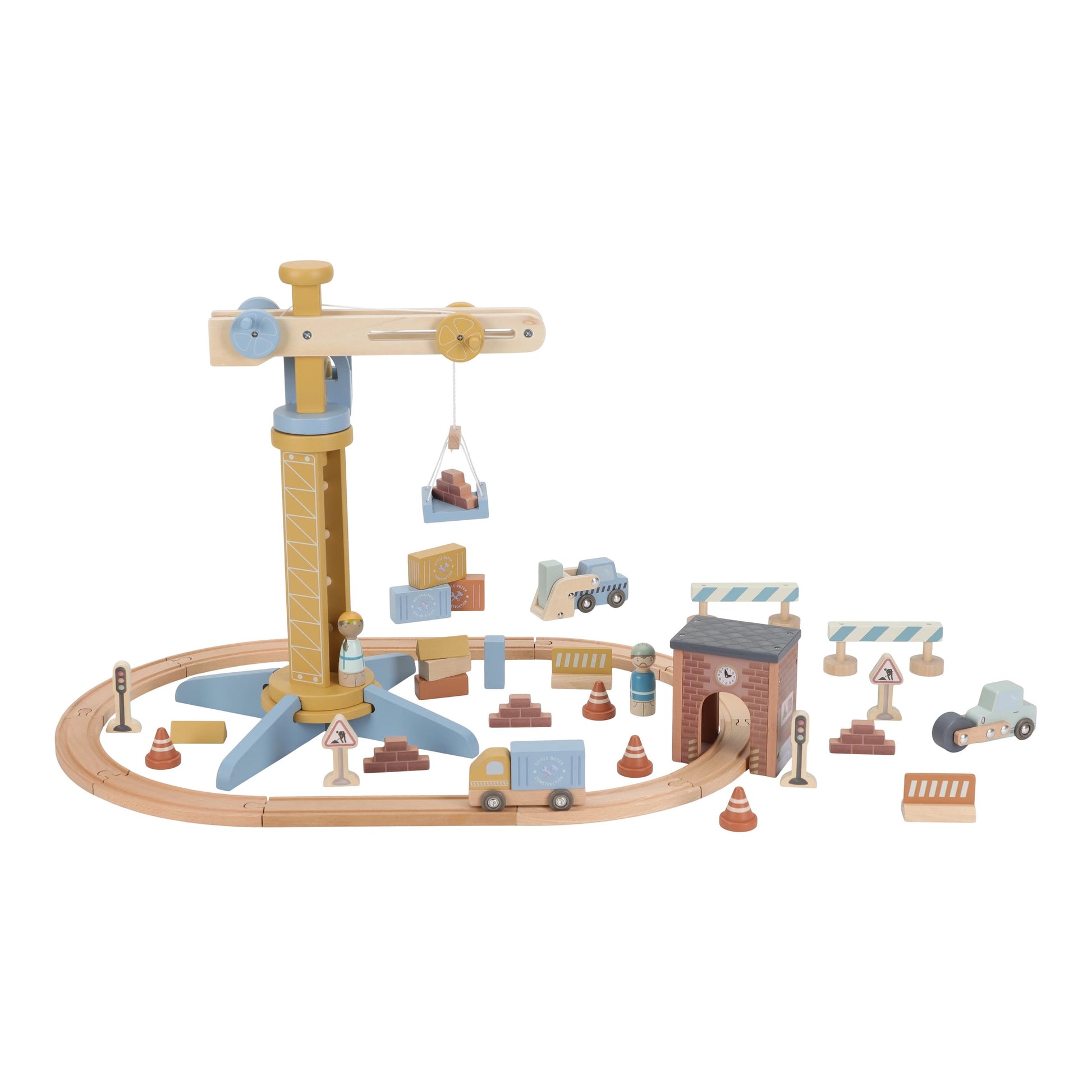 Wooden toy crane set with tracks and small vehicles on a white background