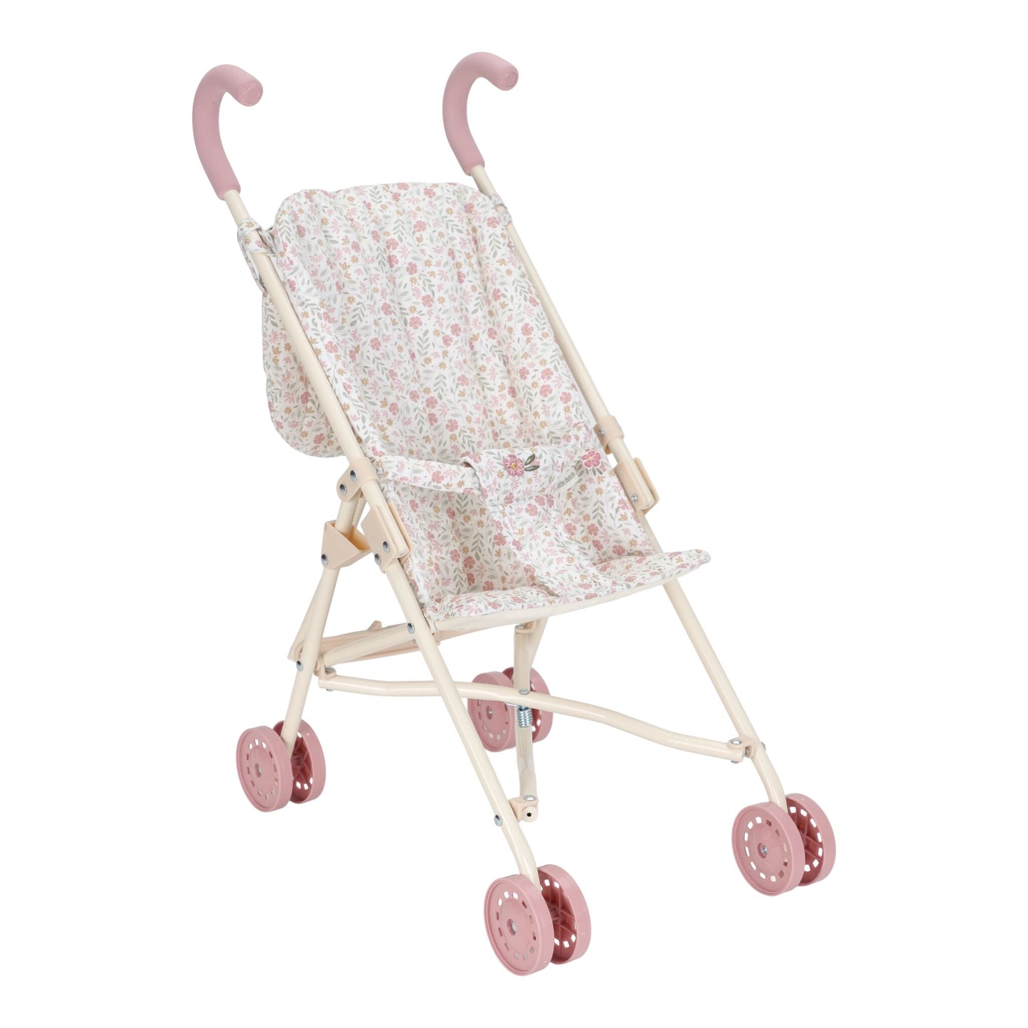 Pink and White baby stroller with floral pattern on a white background