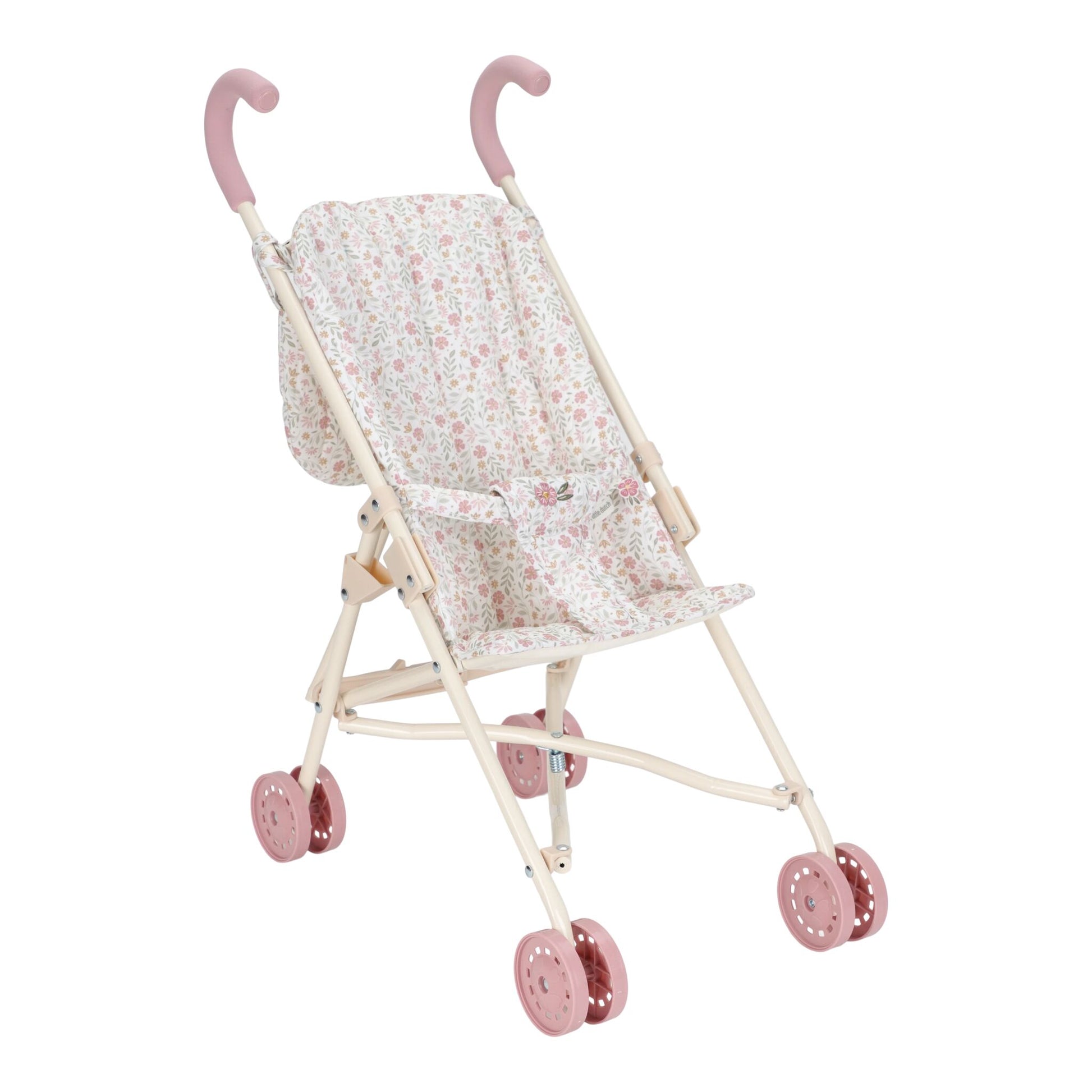 Pink and White baby stroller with floral pattern on a white background