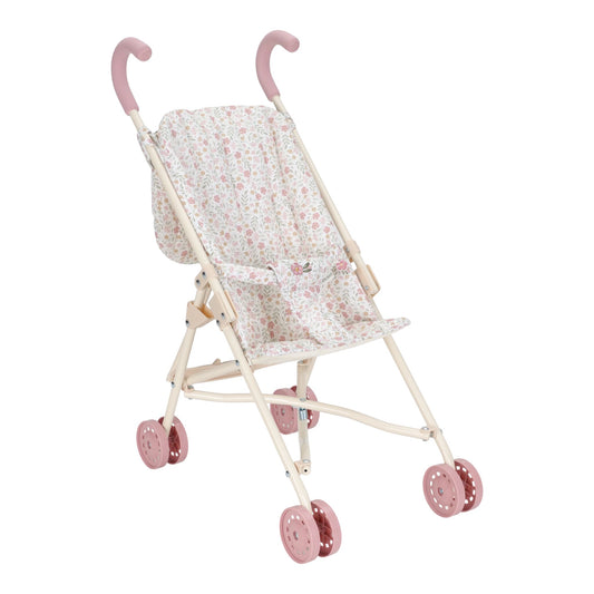 Pink and White baby stroller with floral pattern on a white background