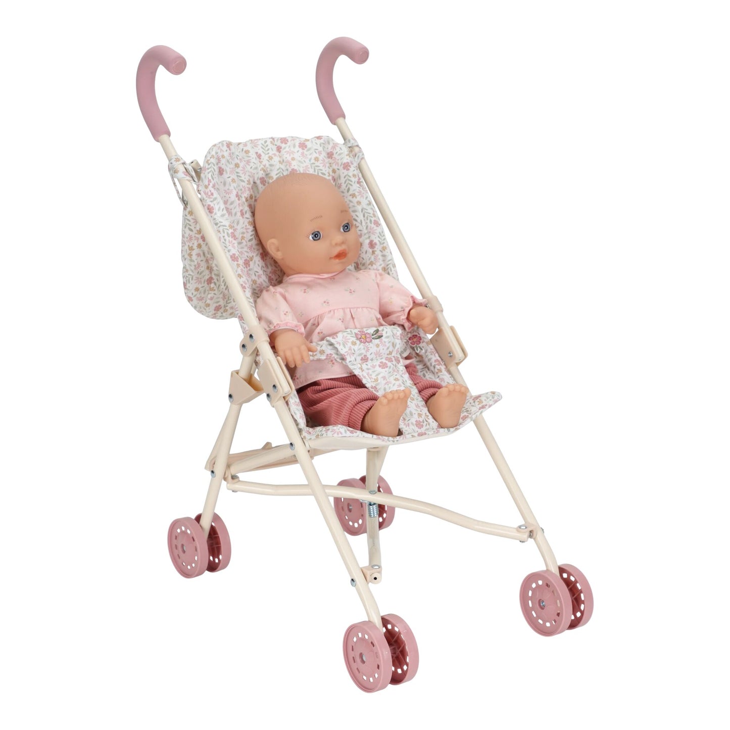 Doll in a Metal Stroller with a white background