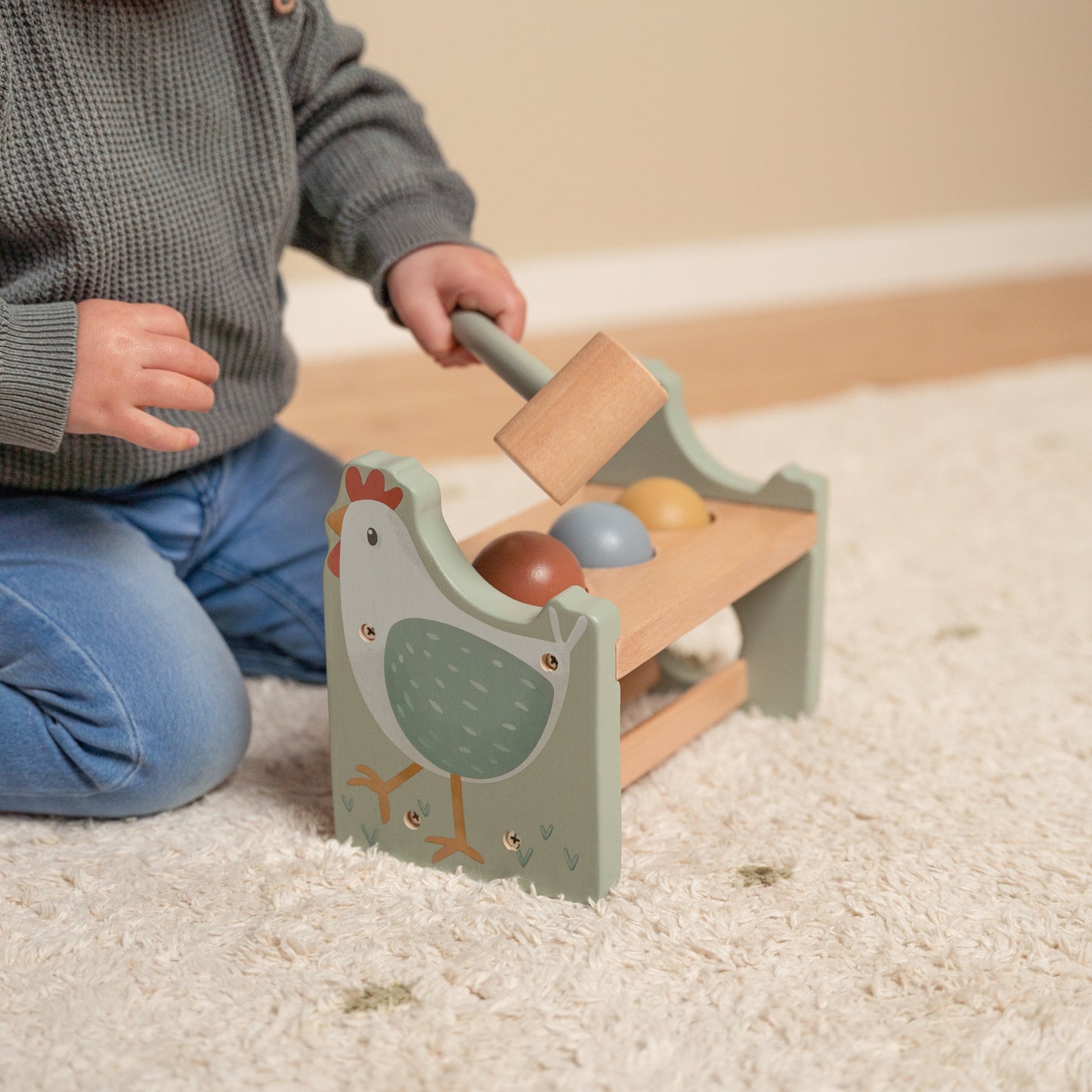 Little Dutch Little Farm Kids Wooden Pounding Bench with Rolling Balls Toy