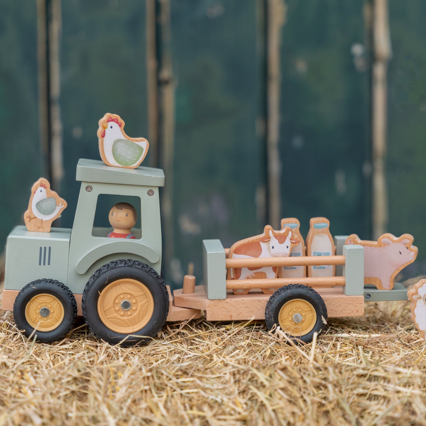 Little Dutch Little Farm Tractor With Trailer Wooden Baby Toy