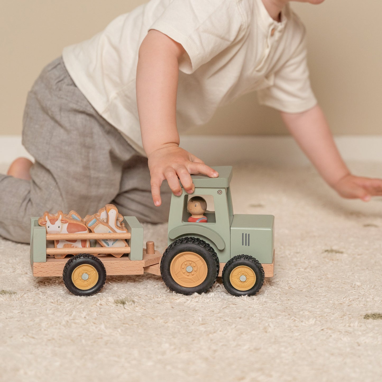 Little Dutch Little Farm Tractor With Trailer Wooden Baby Toy